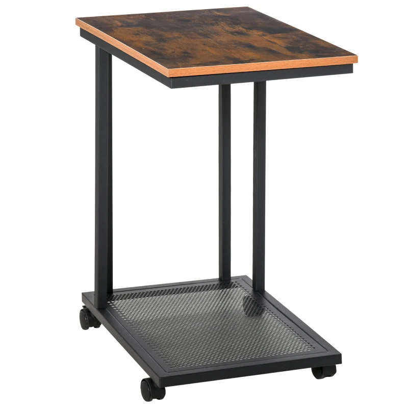 HOMCOM C Shaped Side Table with Wheels, Mobile End Table, Laptop Stand with Metal Frame and Storage Shelf, Rustic Brown