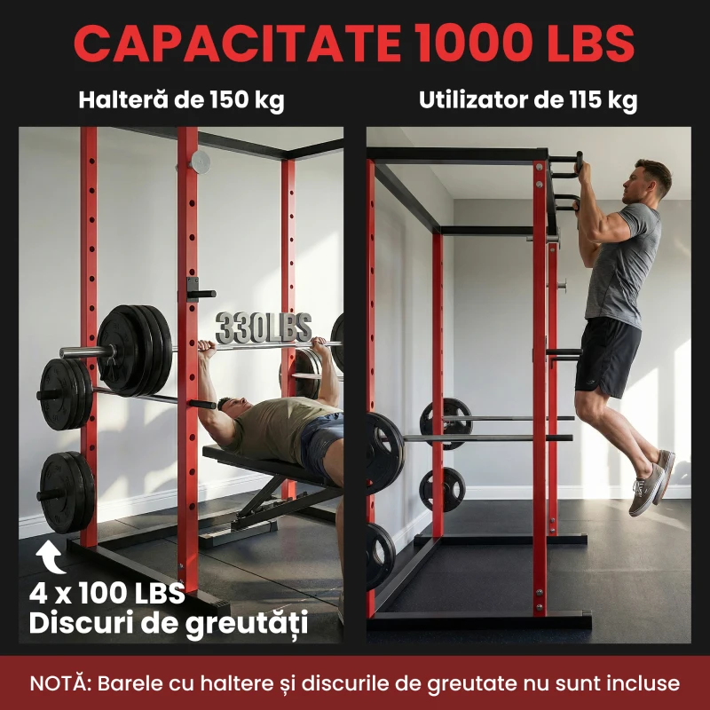 SPORTNOW Rack Reglabil pentru Genuflexiuni Power Cage cu Bară de Tracțiuni, 460 kg, Negru