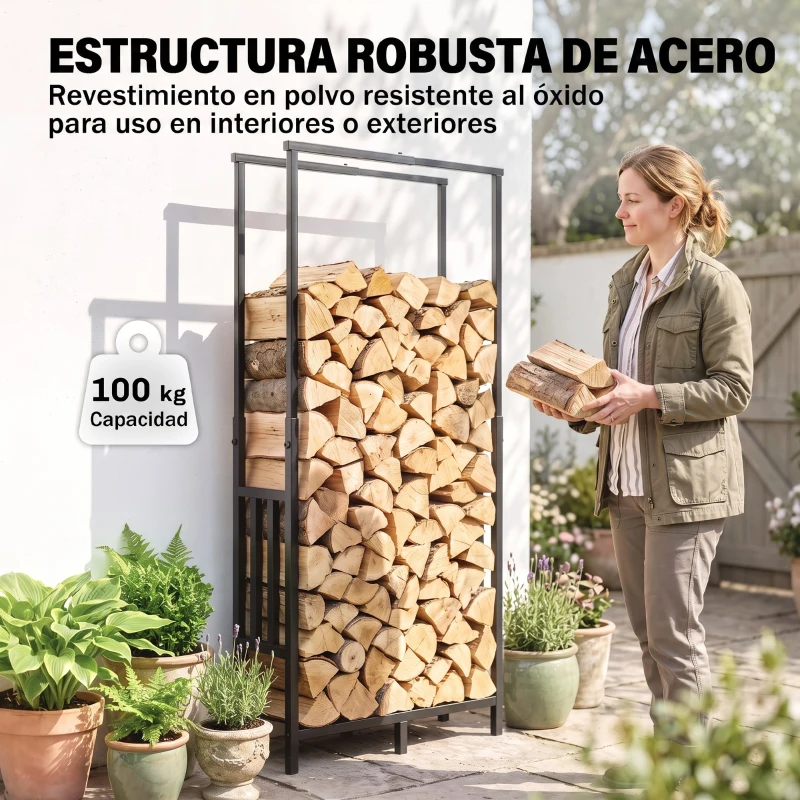 Outsunny Leñero Exterior de Acero Robusto para Leña con Ancho Alto Ajustables Carga 100 kg 45,5-75,5x25x98-170 cm Negro