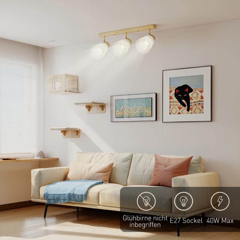 HOMCOM Deckenleuchte LED 40W Deckenlampe mit Doppelmontage und 90° verstellbaren Köpfen mit 3 E27-Fassungen Naturholz