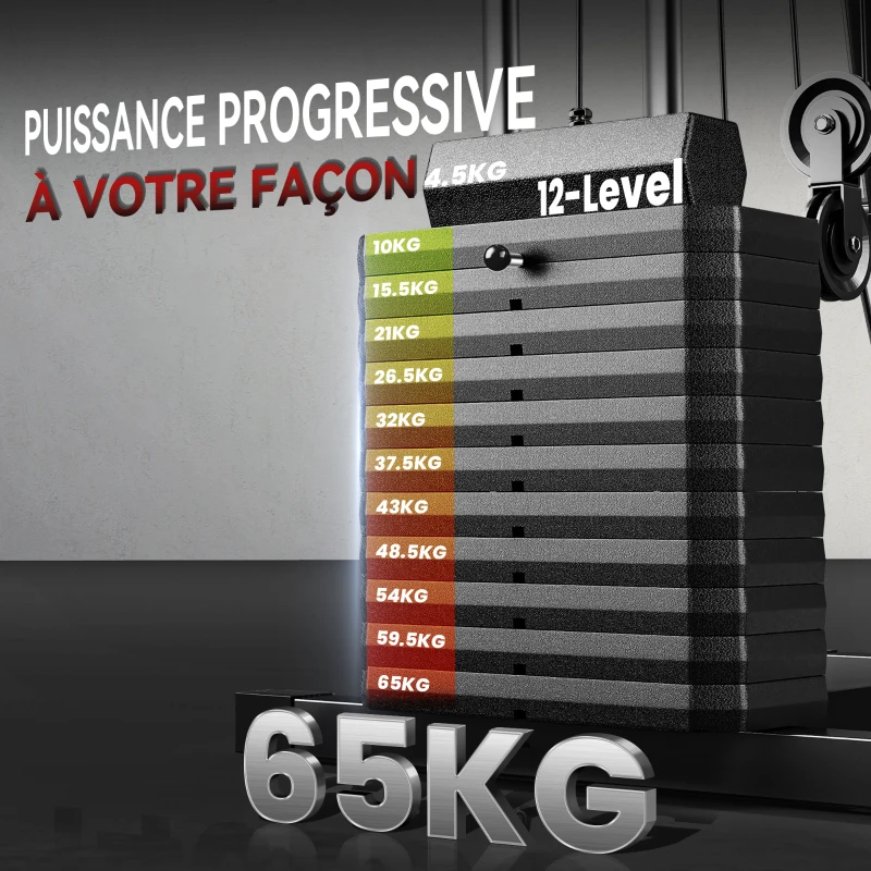 HOMCOM Station de Musculation Multifonction avec Stack de 65 kg, Double Poulie, Noir
