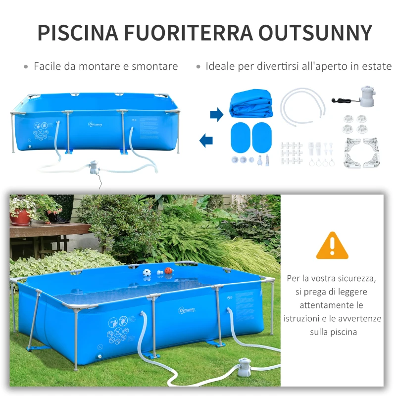 Outsunny Piscina Autoportante da Esterno, Piscina Rettangolare Fuori Terra con Filtro e Valvola in Acciaio e PVC, Blu, 292x190x75cm