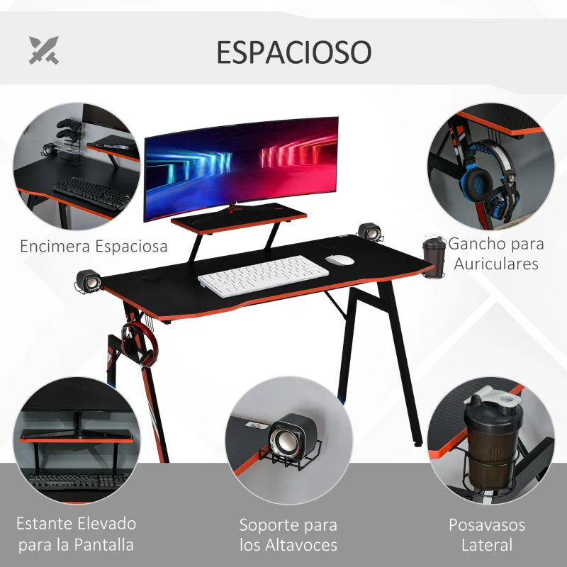 HOMCOM Mesa Gaming Escritorio para Computadora PC con Soporte para Monitor y Altavoz Portavasos Gancho para Auriculares Fibra de Carbono 120x60x94,5 cm Negro