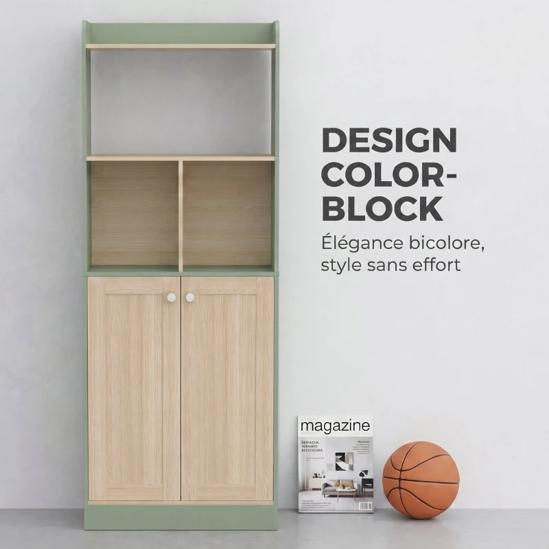 HOMCOM Bibliothèque à 5 niveaux, meuble de rangement, étagère à livres avec 2 portes, 60 x 30 x 161,2 cm vert et bois naturel