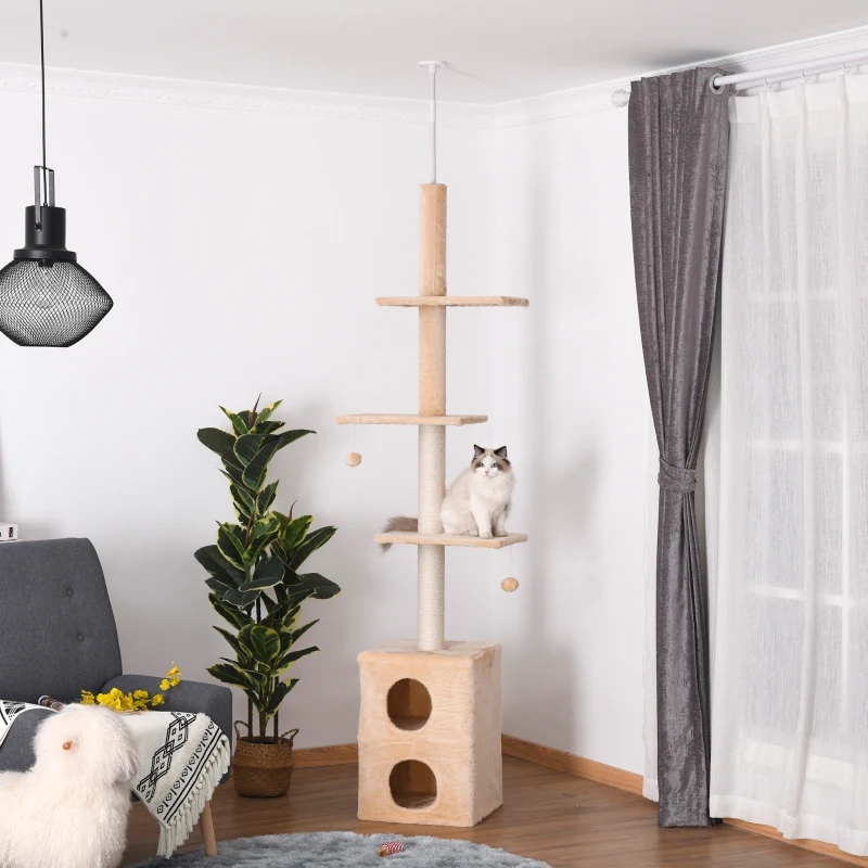 PawHut Tiragraffi a Soffitto Multilivello 220-245cm Palestra per Gatti con Cucce, Piattaforme e Corde in Juta, Giallo