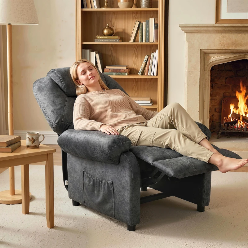 HOMCOM Sillón Relax Reclinable Manual Sillón Relax de Terciopelo con Reposabrazos Reposapiés Acolchado Grueso Negro