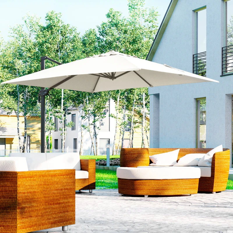 Outsunny Ombrellone a Sbalzo 3x3 m Inclinabile con Manovella e Base a Croce, in Acciaio e Poliestere, Bianco Crema