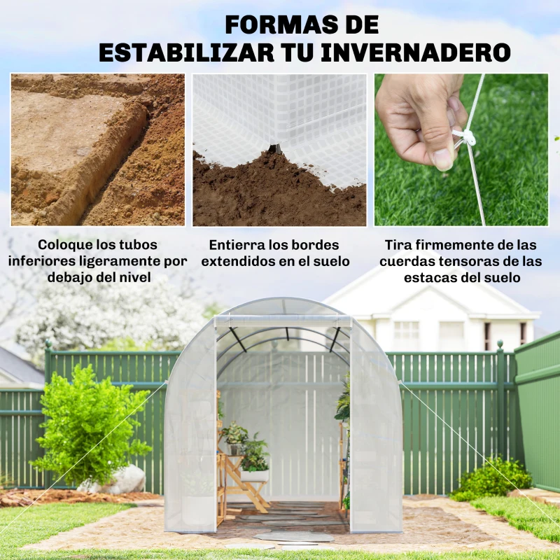 Outsunny Invernadero de Túnel 3,5x2x2 m con 6 Ventanas de Malla y Puerta Enrollable con Cremallera Anti-UV Blanco