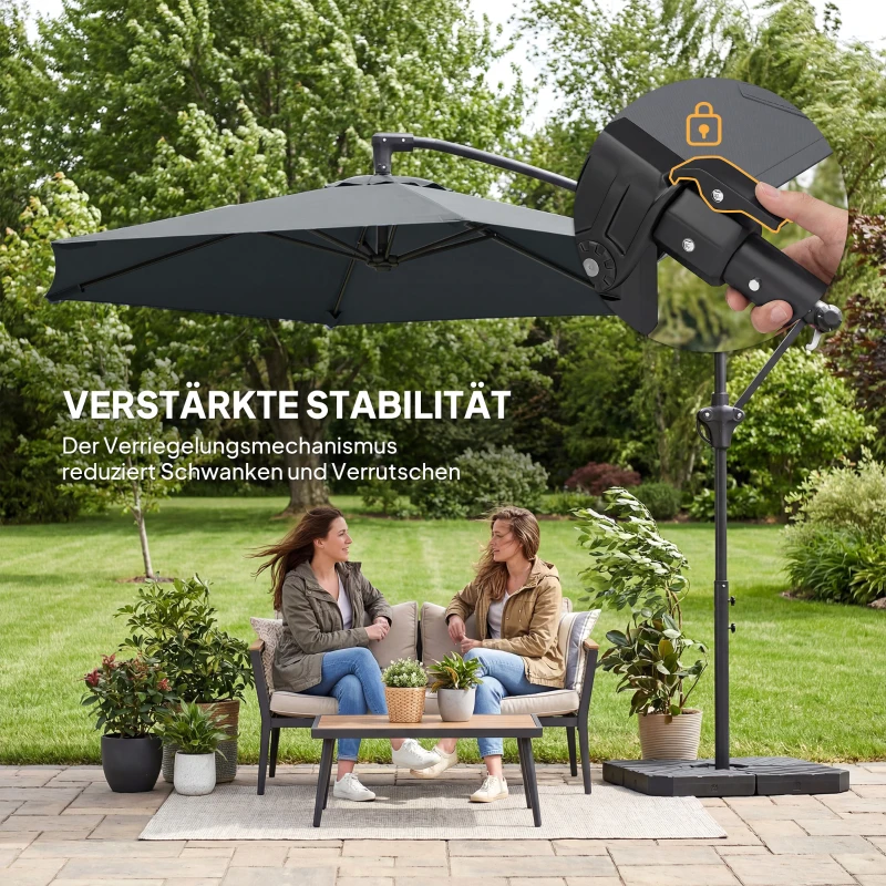 Outsunny Ampelschirm ca. Ø300 cm Sonnenschirm mit Verriegelungsmechanismus Kurbel Ständer Gewichten Dunkelgrau