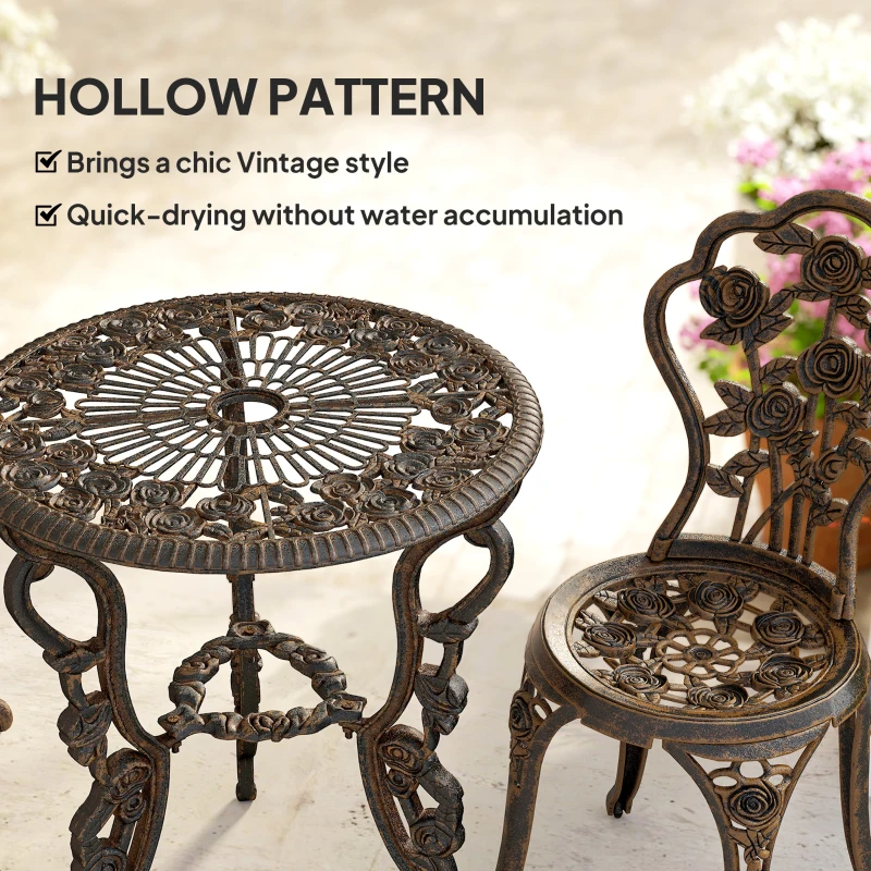 Outsunny Garden Bistro Set with Umbrella Hole, 3 Piece Cast Aluminium Garden Furniture Set, Antique Floral Round Coffee Table and Chairs, Small Balcony Furniture for Outdoor, Patio, Brown Tone