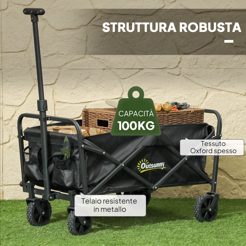 Outsunny Carrello da Giardino 62L Pieghevole con Maniglia Regolabile, in Metallo e Tessuto Oxford, 76x48x86 cm, Nero