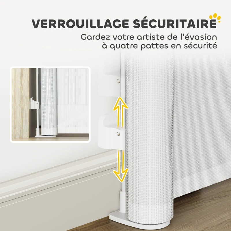 PawHut Barreira retrátil para cães de 0 a 144 cm, barreira para escadas e portas para cão e gato com fecho, branco
