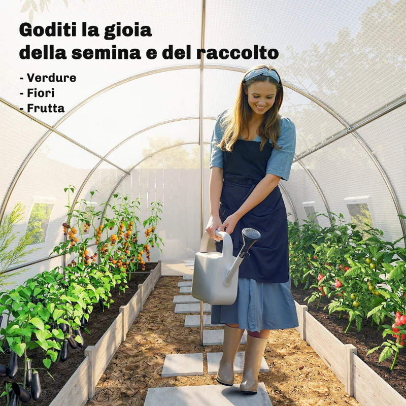 Outsunny Serra a Tunnel con 2 Aste Rimovibili e Porte e Finestre a Rete, in Acciaio Zincato e PE, 396x300x200 cm, Bianco