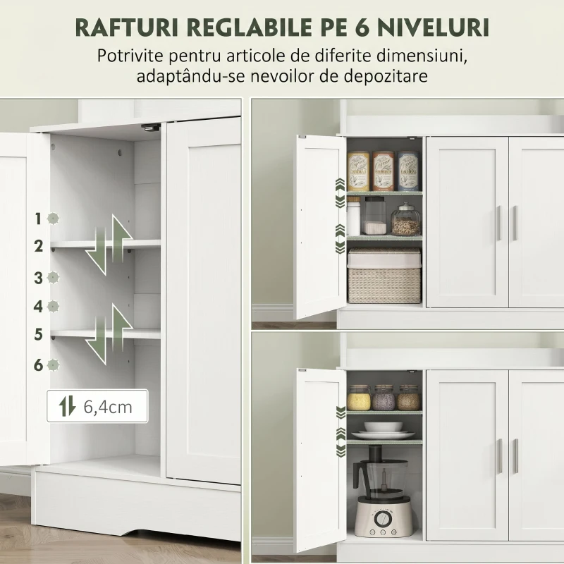 HOMCOM Servantă de Bucătărie înaltă de 180 cm, Dulap Dispensa cu 4 Dulapuri, Uși din Sticlă Securizată, 2 Rafturi Deschise, Rafturi Reglabile, Blat pentru Cuptorul cu Microunde, pentru Sala de Prânz sau Living, Alb