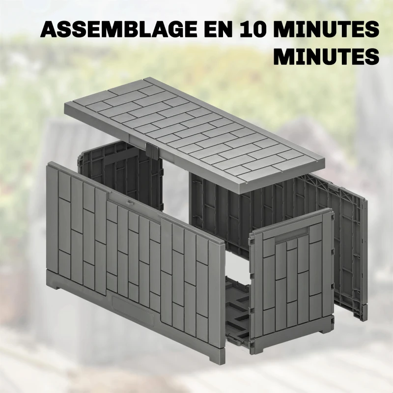 Outsunny Coffre de Rangement Extérieur 227 L Verrouillable avec Vérin à Gaz, Aspect Bois, 106,5x43x54,5cm, Gris