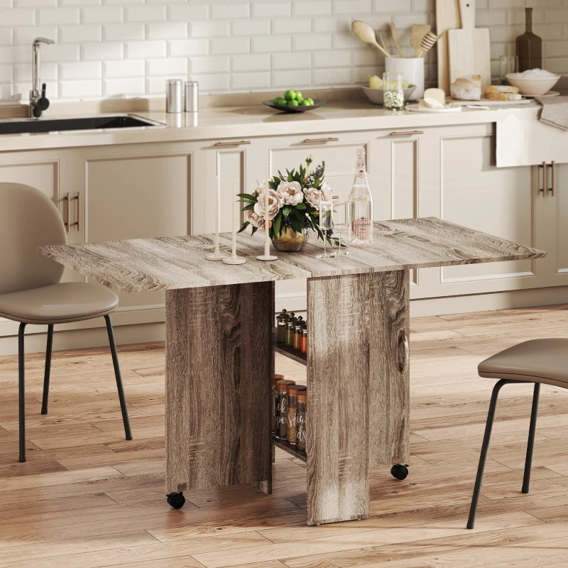 HOMCOM 80-140 cm Folding Dining Table for 4-6 People, Drop Leaf Table with 2-Tier Shelves, Rolling Casters, for Small Spaces, Kitchen, Flat, Dining Room, Grey
