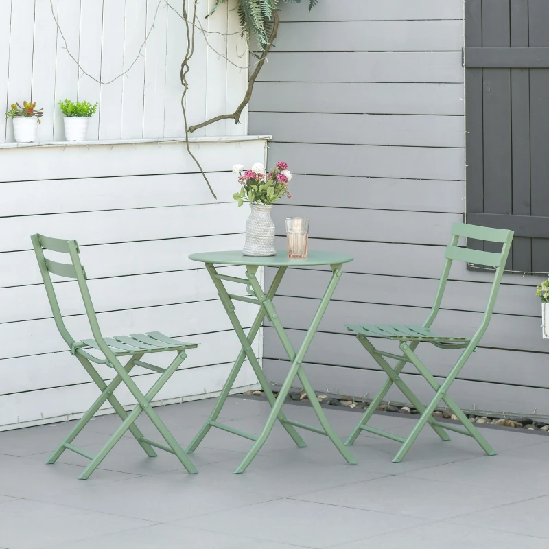 Outsunny Conjunto de Muebles de Jardín Plegable Juego de 1 Mesa y 2 Sillas de Terraza con Marco de Acero y Respaldo Verde Oscuro