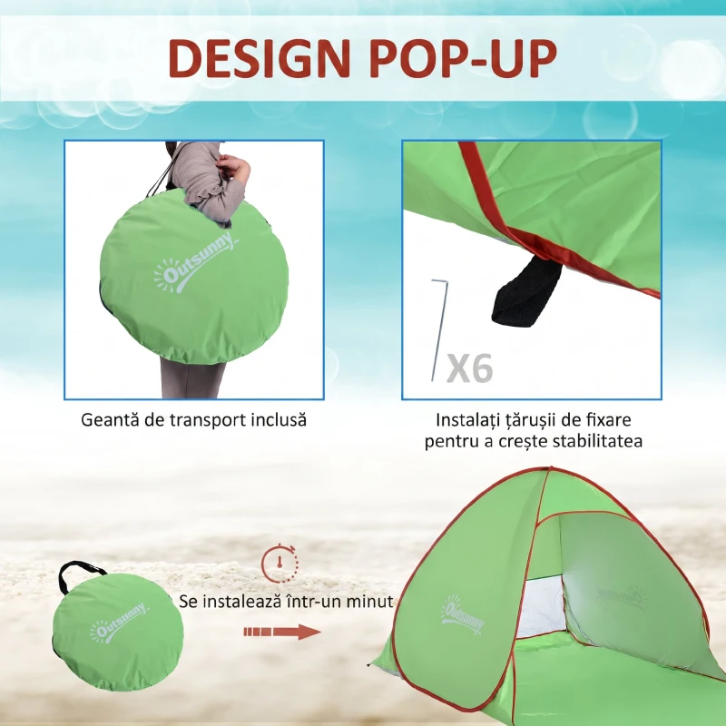 Cort de Plajă Outsunny Pop Up cu Protecție UV 30+ și Geantă de Transport, 200x150x119 cm, Verde