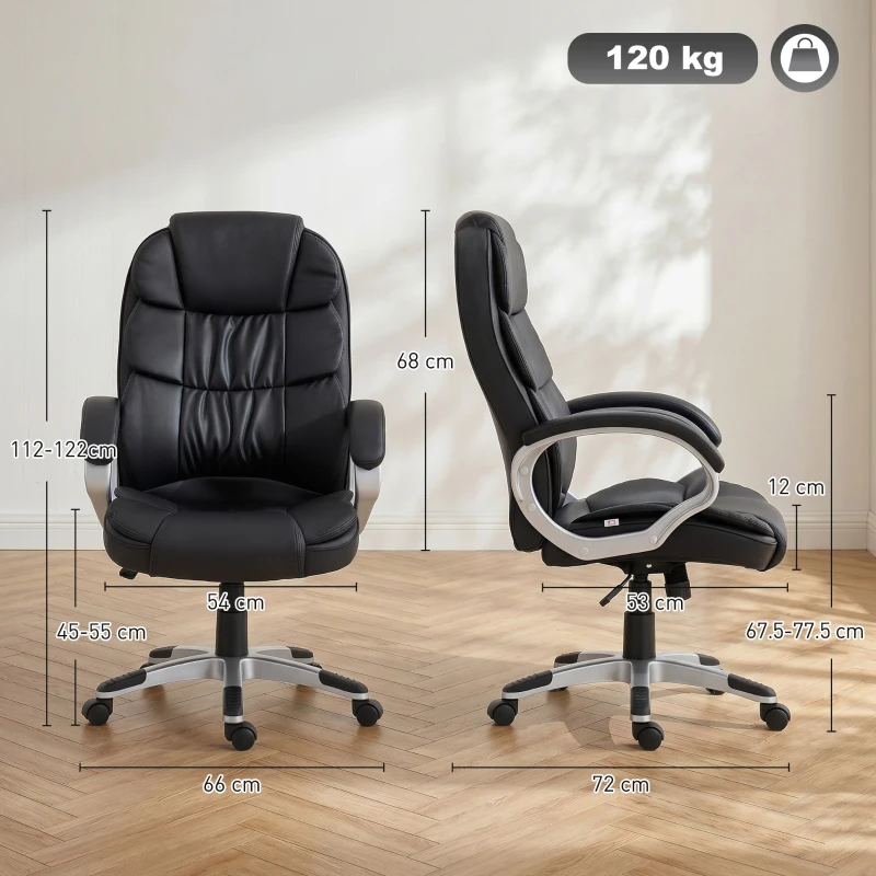 HOMCOM Scaun de Birou Ergonomic Rotativ din Piele PU, Funcție Legănare, Înălțime Reglabilă, Capacitate 120kg, Negru