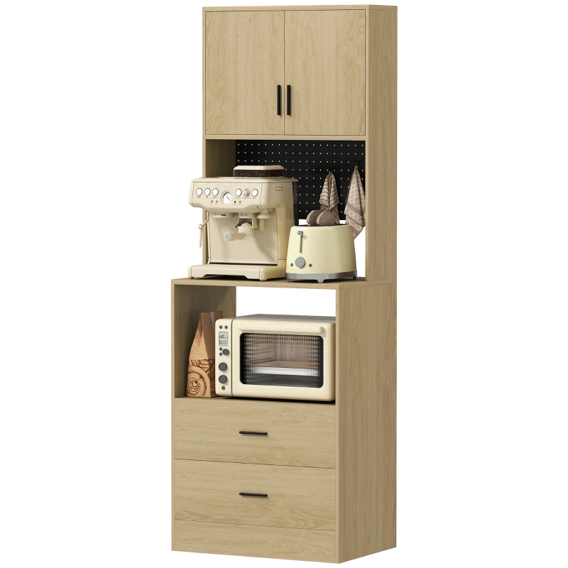 HOMCOM Meuble micro-ondes, buffet, 2 tiroirs, 2 portes, plan de travail, étagère réglable, panneau perforé, 4 crochets, naturel