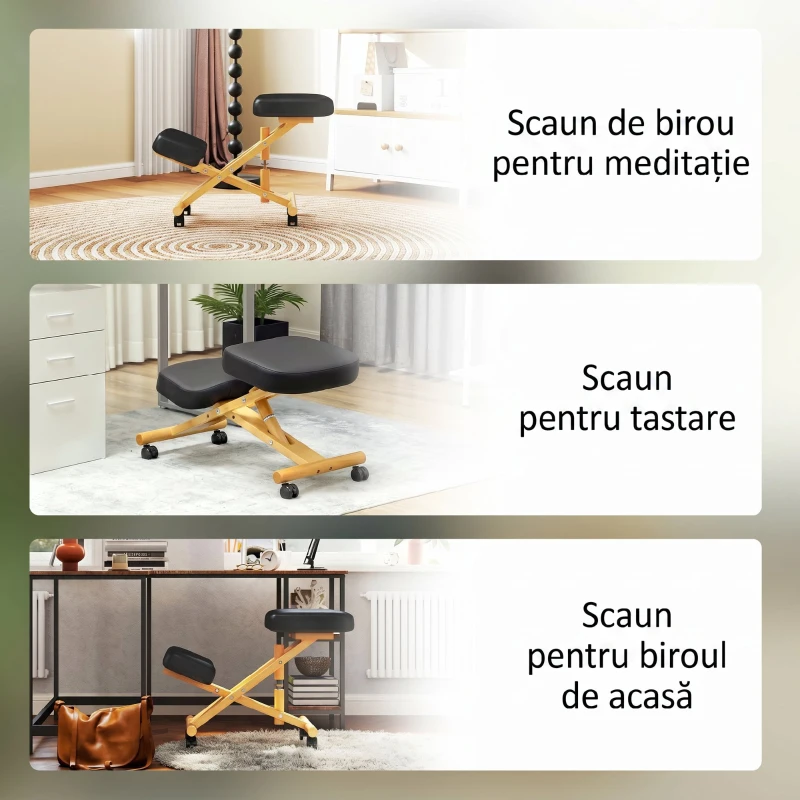 HOMCOM Scaun ergonomic postural cu suport pentru genunchi, cu roți, din lemn, negru