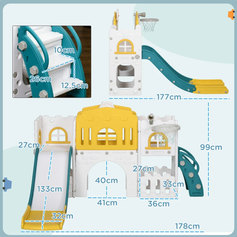 AIYAPLAY Escorrega infantil, estrutura de jogo 7-in-1, com basquete & volante, para 1-3 anos, 178x177x99cm, Amarelo/Branco/Verde