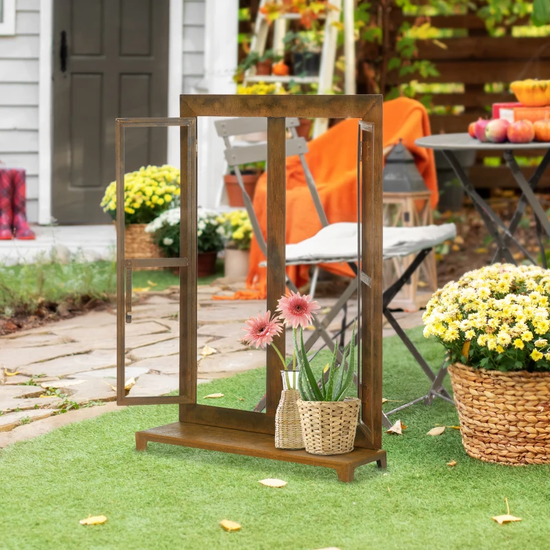 Outsunny Dekorativer Fensterrahmen für den Garten, Vintage-Design, 55 cm x 19 cm x 80 cm, Metall, Braun