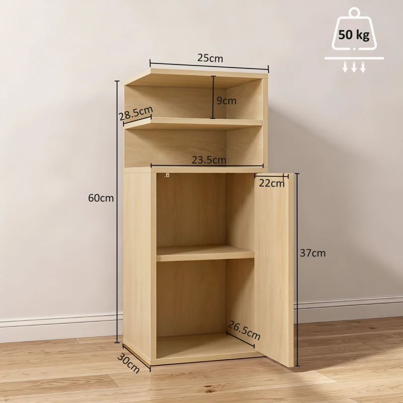 HOMCOM Slim Bedside Table Set of 2, Narrow Bedside Cabinet with Open Cubbies and Cupboard for Bedroom Living Room, Oak