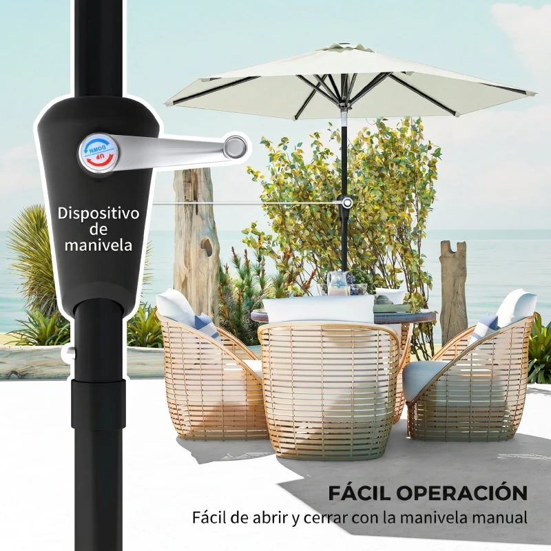 Outsunny Sombrilla de Jardín Ø230x216 cm con Apertura Manual Ángulo Ajustable e Impermeable para Terraza Piscina Crema