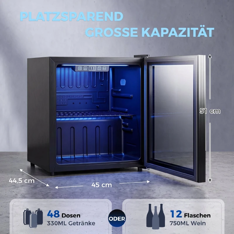 HOMCOM 50 L Getränkekühlschrank, Kühler für 48 Dosen mit Doppelglas-Tür, verstellbar Regal, LED-Beleuchtung Schwarz