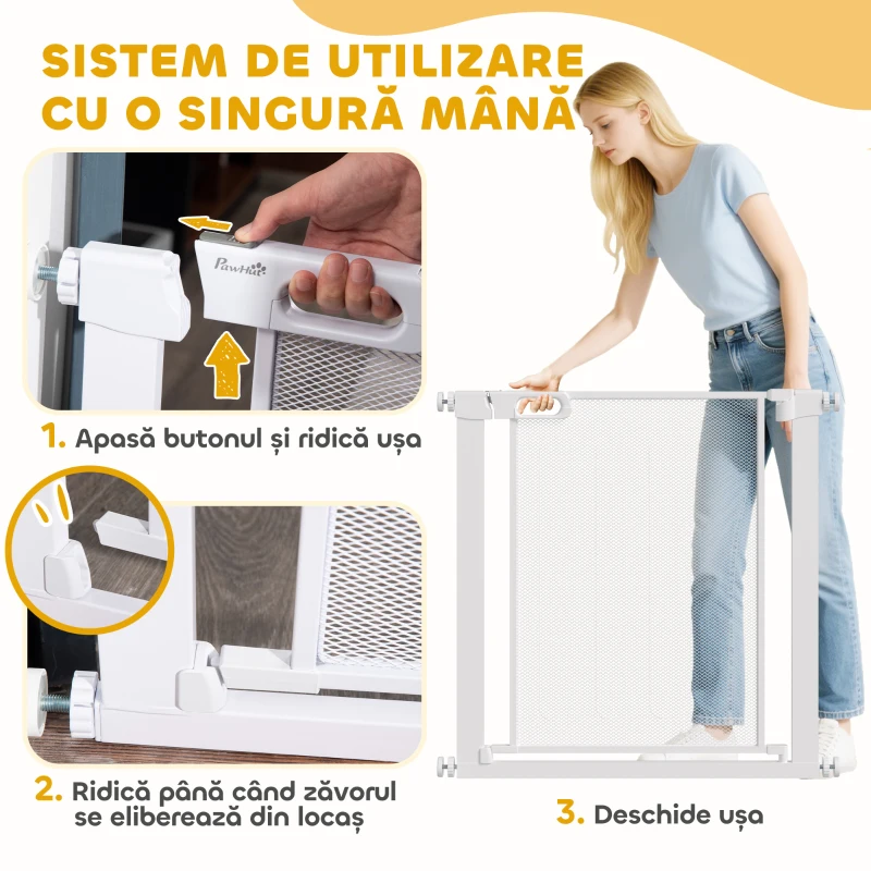 PawHut Poartă Reglabilă pentru Câini cu Închidere Automată, din Oțel și ABS, 75-82x76 cm, Albă