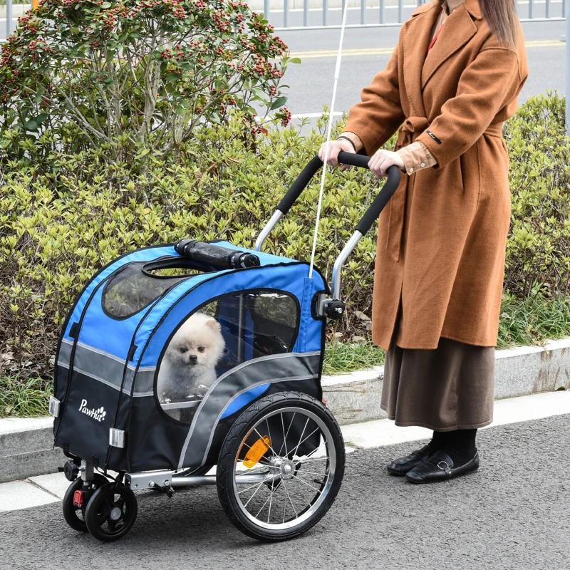 PawHut Carrello 2 in 1 Passeggino per Cani e Rimorchio Bici, Ruota Girevole Catarifrangenti e Bandierina 130x58x94cm Blu