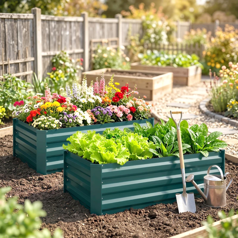 Outsunny Set of Two 100 x 60cm Steel Planter Boxes -Green