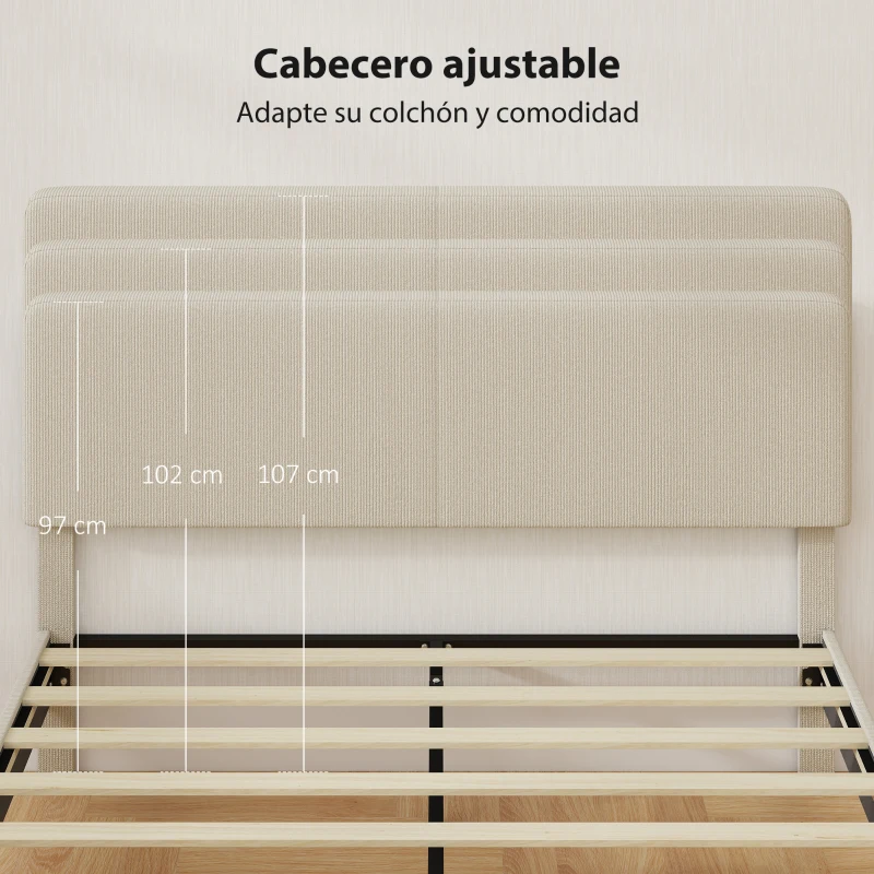 HOMCOM Somier 160x200 cm con Cabecero Ajustable Tapizado en Pana Láminas de Madera Fácil de Montar Gris Claro