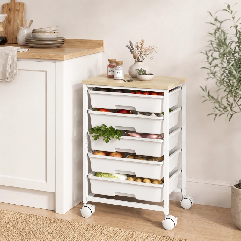 HOMCOM 6-Tier Storage Trolley on Wheels, Metal Kitchen Rolling Cart with 5 Pull-Out Drawers, White