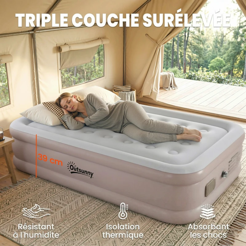Outsunny Matelas Gonflable, Pompe Électrique Intégrée, Surface Floqué , Imperméable 5000 mm, Sac Transport, 190x97x39cm, Kaki