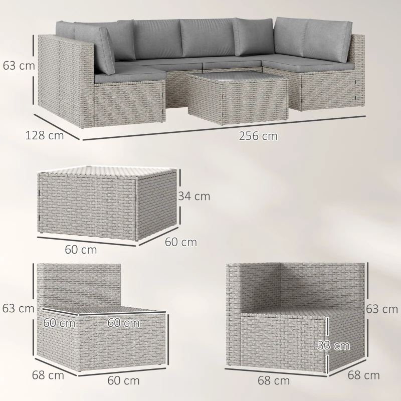 Outsunny 7 Pieces Rattan Garden Furniture Set, 6 Seater Garden Corner Sofa with Cushions and Glass Top Table, Sectional Outdoor Furniture Conservatory Set for Patio, Grey