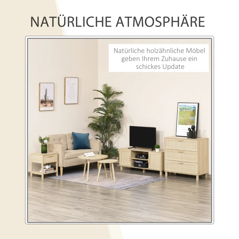 HOMCOM  2er Set Kaffeetisch Couchtisch mit Rattan-Tischplatte Stapeltisch Beistelltisch Kaffeetisch MDF Natur 40 x 40 x 40 cm/60 x 60 x 45 cm