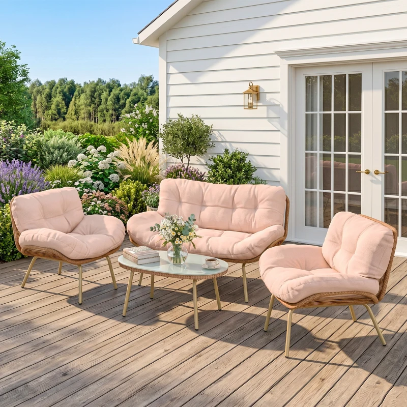 Outsunny Salon de Jardin 4 Pièces en Résine Tressée Coussin 12 cm Ultra Épais Canapé 138 cm 2 Fauteuils et Table Basse Beige