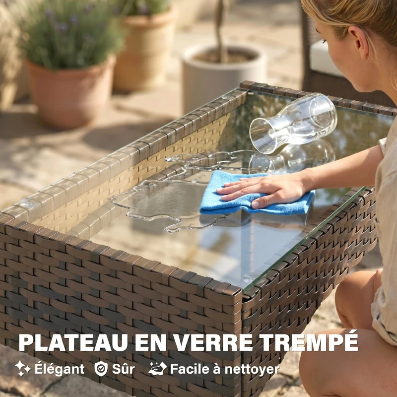 Outsunny Salon de jardin extérieur 4 personnes en résine tressée avec canapés et table basse en verre trempé coussins inclus beige