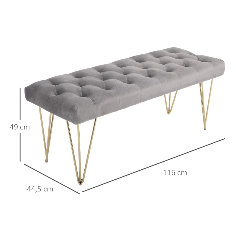 HOMCOM Banco Estofado Banco Piano Banco para Sapatos com Aparência Aveludada Banco de Cama Banco de Piano para Quarto Sala Corredor Metal 116x44,5x49 cm Cinza