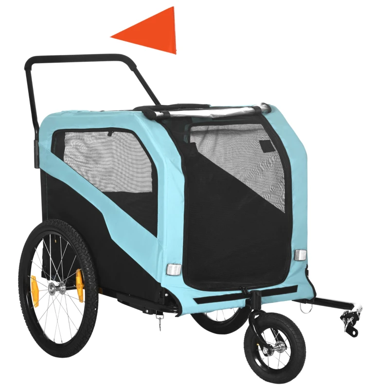 PawHut Remorcă pentru bicicletă pentru câini, max. 30kg, cu 2 intrări și buzunare de depozitare, din oțel și material Oxford, albastră