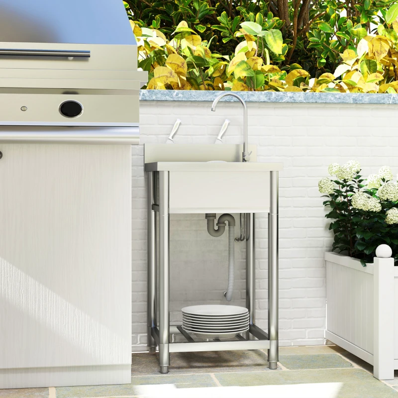 HOMCOM Outdoor Utility Sink, Stainless Steel Free Standing Single Bowl Kitchen Sink with Cold and Hot Water Pipe and Storage Shelf for Laundry Garage, 55 x 50 x 100 cm
