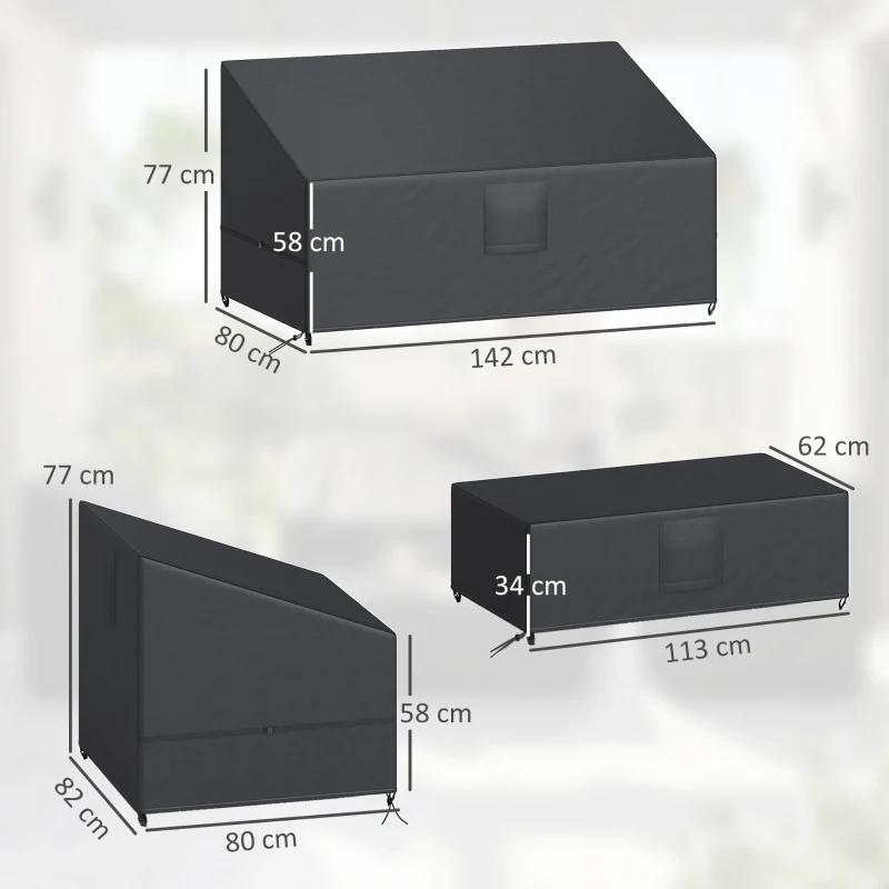 Outsunny Ensemble de 4 Housses Salon de Jardin Imperméables 420D Tissu Oxford, 6 Évents et Sac de Rangement, 142x80x77cm, Noir