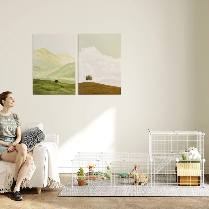 PawHut Recinto per Animali Domestici Piccoli con 36 Pannelli di Metallo Modulabili con Porta, Bianco