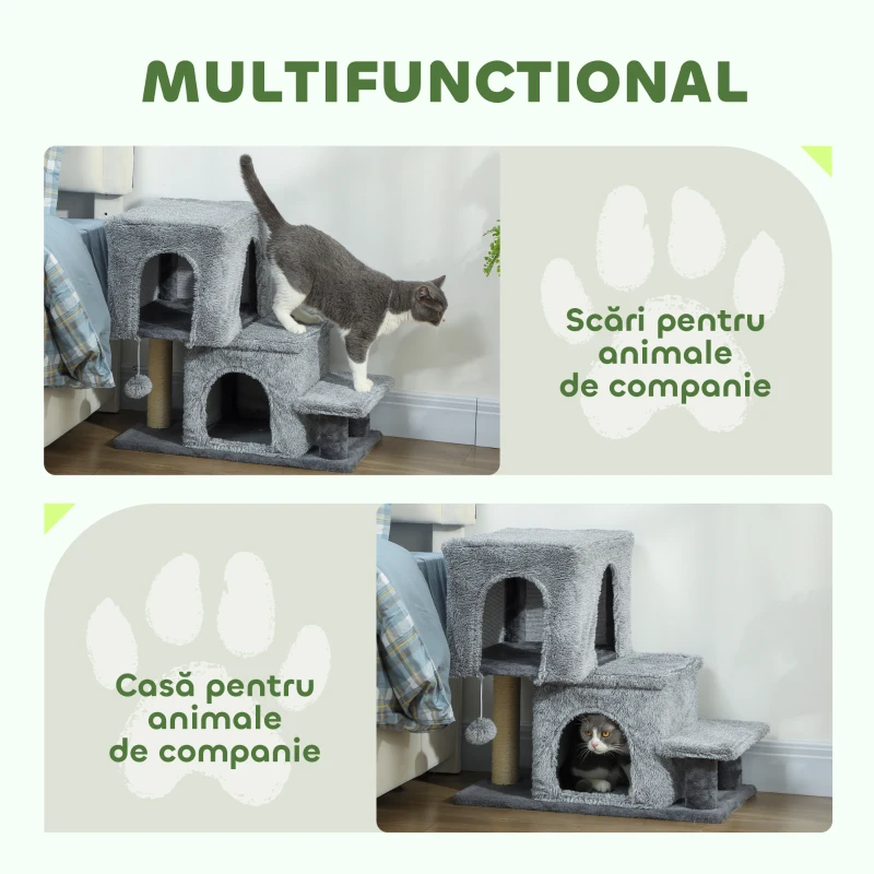 PawHut Scară pentru Pisici cu 4 Trepte Reglabilă pe Înălțime, cu 2 Căsuțe, Stâlp de Zgâriat și Biluță, Gri