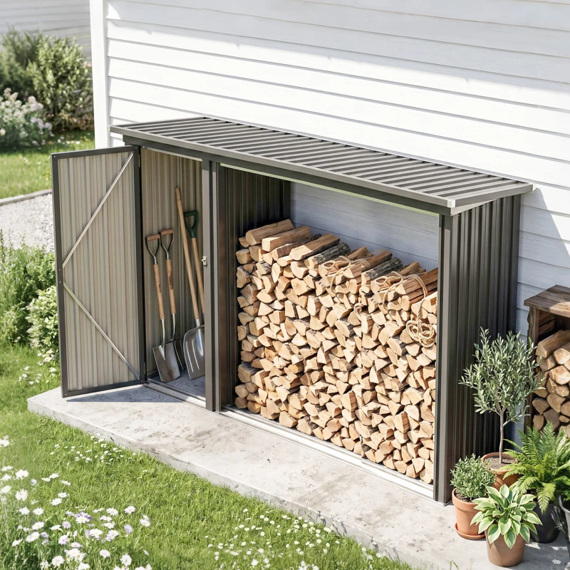 Outsunny Portalegna da Esterno 2 in 1 con Armadietto Porta Attrezzi, 1.26 m², 235x67x149 cm, Grigio Scuro
