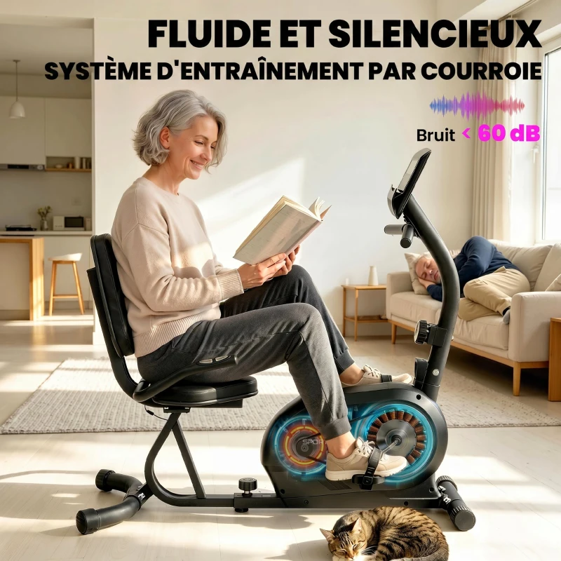 SPORTNOW Vélo d'Appartement Magnétique Vélo Couché Semi-allongé Silencieux Connecté Kinomap 8 Niveaux 136x56x106cm Bleu