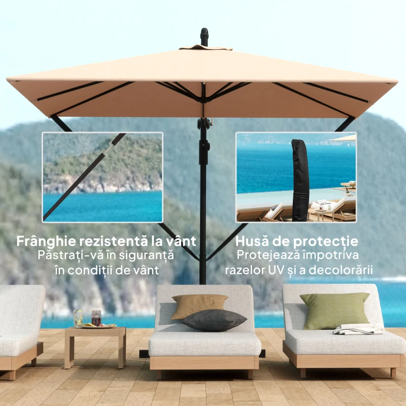 Outsunny Umbrelă Suspendată 2.5x2.5 m cu Acoperire, Corzi Antivânt, Bază în Cruce și Manivelă, Umbrelă de Grădină Inclinabilă și Rotativă 360° din Metal și Poliester 180 g/m², UV50+, Gri