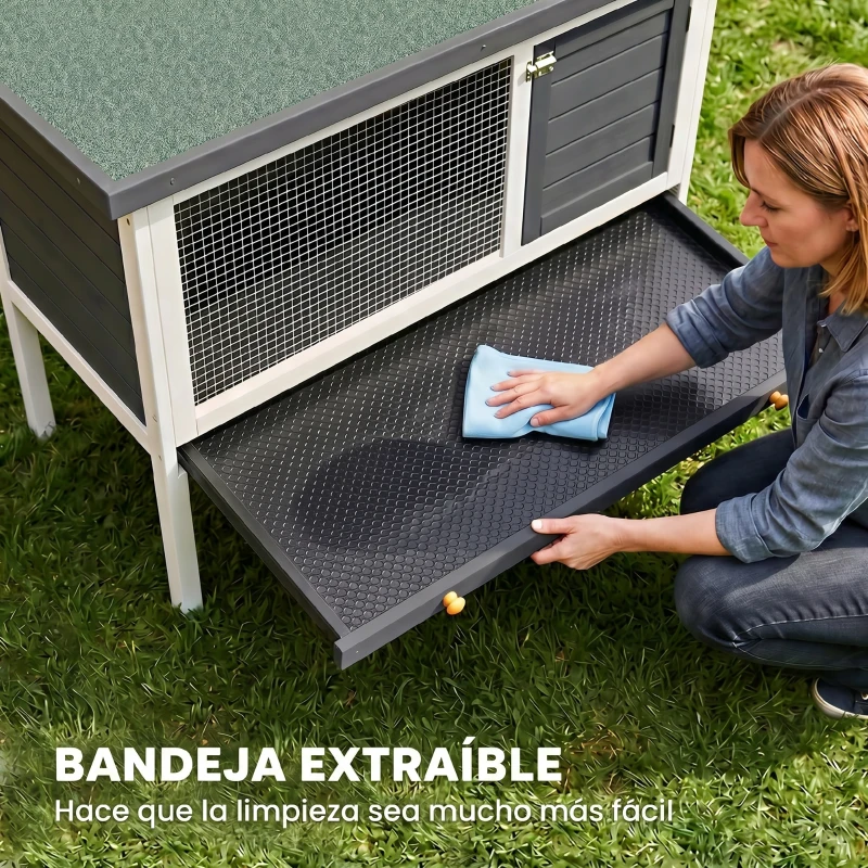 PawHut Conejera de Madera, Jaula para Conejos Medianos con Techo Asfáltico Abatible Bandeja Extraíble Puerta con Pestillo Gris